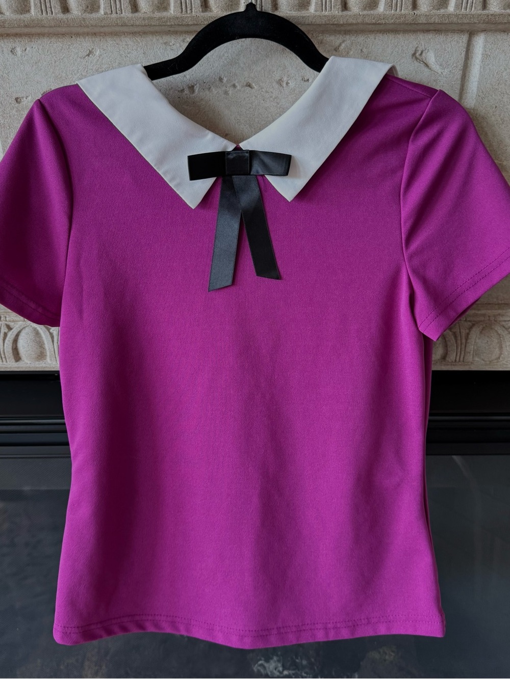 Women's Fuchsia Short Sleeve Top with White Peter Pan Collar and Black Bow